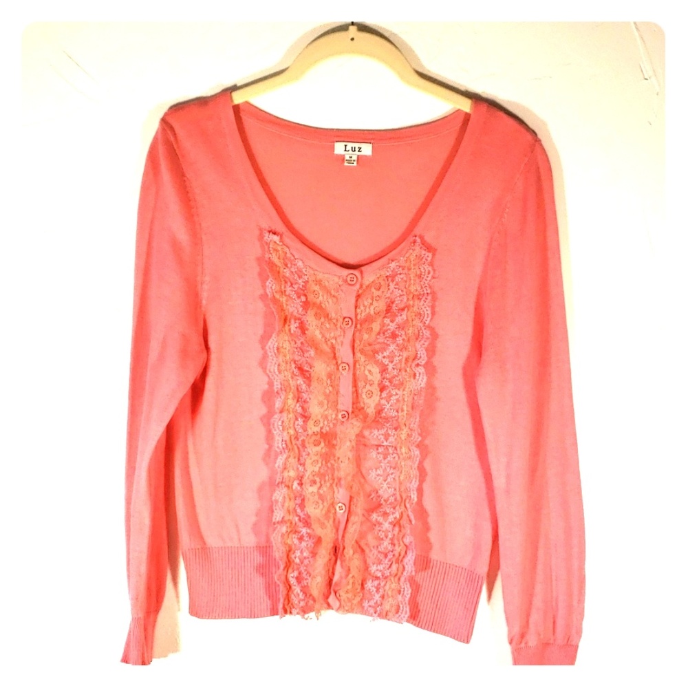 LUZ Light coral lace front  cardigan SZ  med